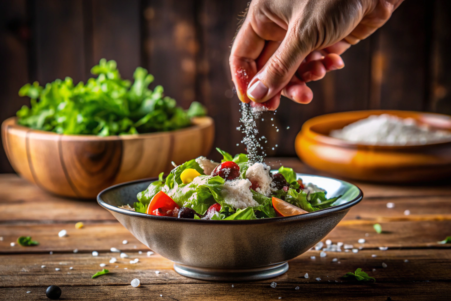 A close-up photo of a human hand lightly sprinkling salt over a fresh green salad in a bowl, with no text or branding visible