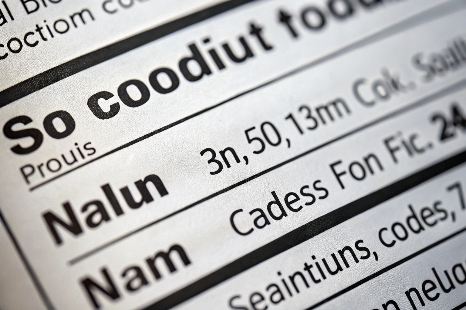 A close-up image of a nutrition label on a food package, highlighting the sodium content section, with no text or branding visible, set against a neutral background