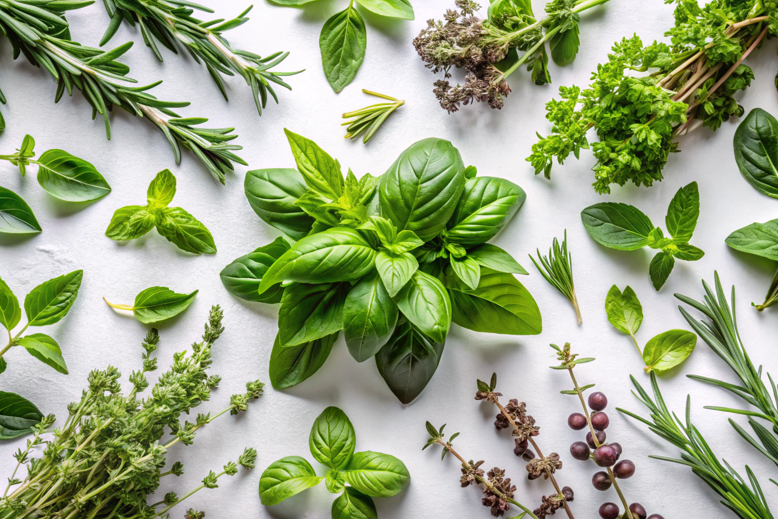 A variety of fresh herbs including basil, oregano, and thyme laid out on a white surface, with no text or branding