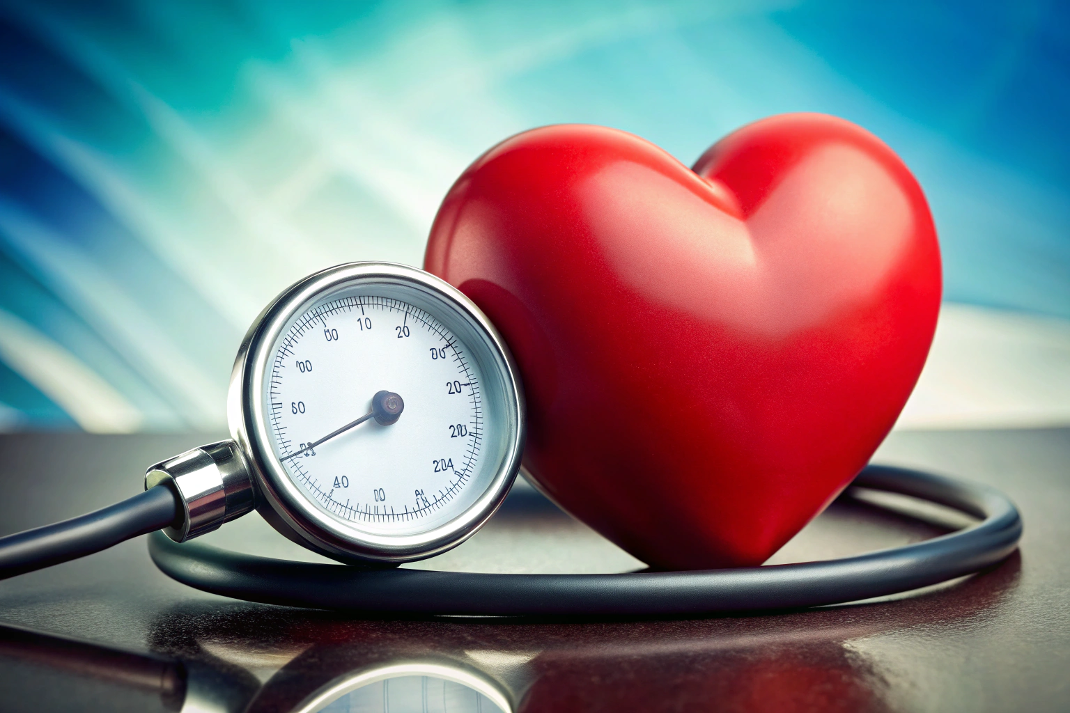 A close-up image of a blood pressure monitor showing high readings, with a stylized heart symbol in the background, all without any text or logos, emphasizing health risks